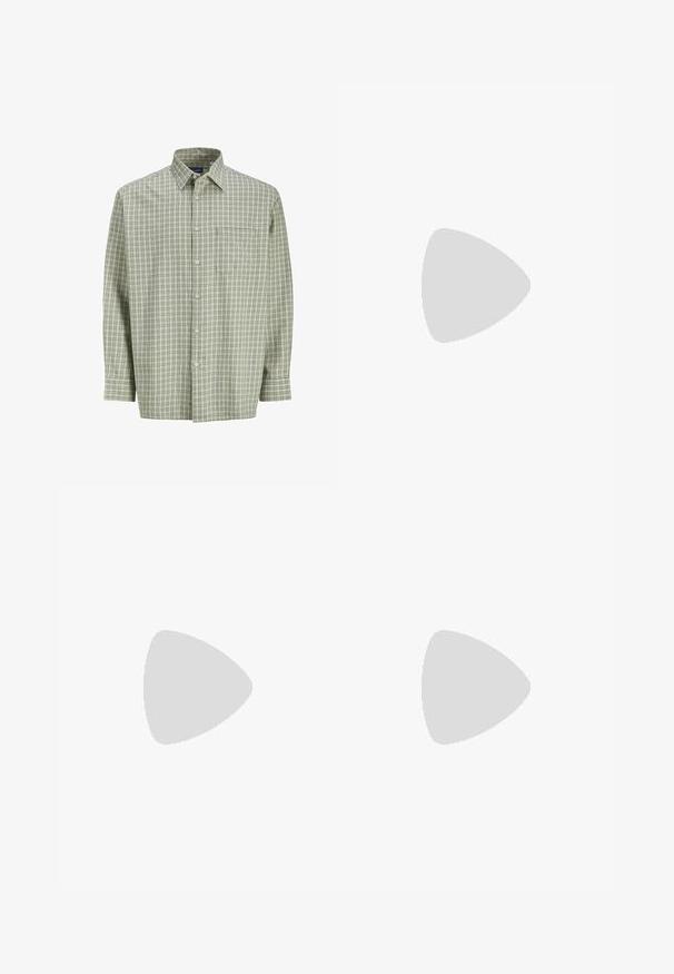 Green and white checkered button-up shirt with long sleeves, front pocket, and soft fabric texture. Classic collar and button closure.; White cotton t-shirt with short sleeves, rounded neckline, relaxed fit, and no visible logos or patterns. Smooth texture and minimal design.; Light green, relaxed-fit pants with a smooth texture, featuring side pockets and visible stitching details. Full-length with a straight leg design.; Black leather loafers featuring a smooth finish, stitched detailing across the vamp, and a slightly raised heel.