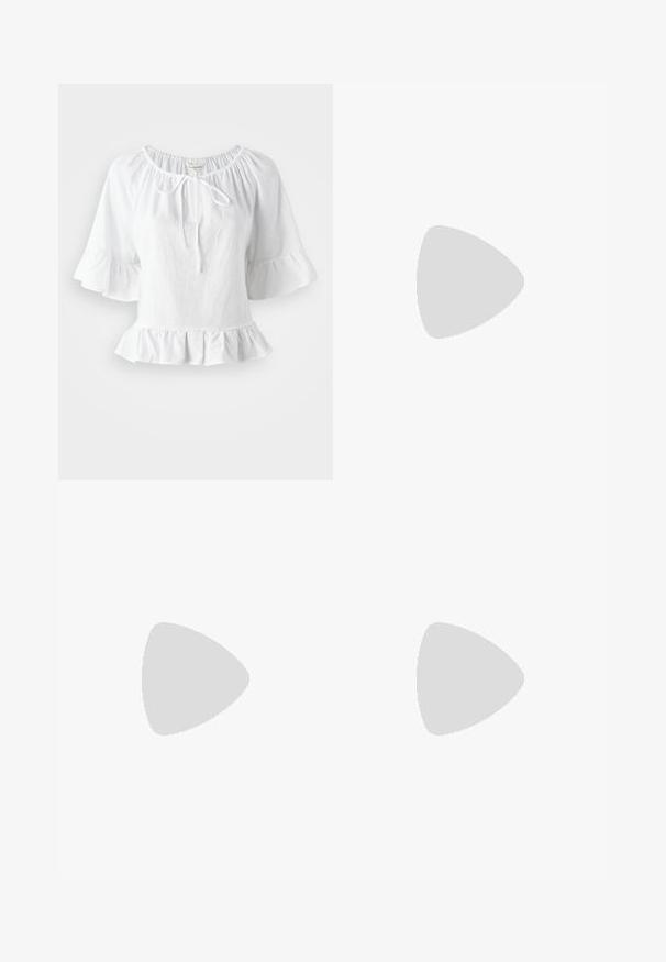 White, short-sleeve blouse with a ruffled hem and elasticized neckline, featuring a tie detail at the front. Made of lightweight fabric.; Light blue flared jeans made of denim, featuring a high waist, five pockets, and a single button closure. Soft texture with faded finish.; Black patent leather slingback heels with a pointed toe and a geometric block heel. Features a sleek, minimal design and smooth texture.; Black leather handbag with a curved shape, detachable strap, and gold hardware. The bag features a flap with a buckle detail.