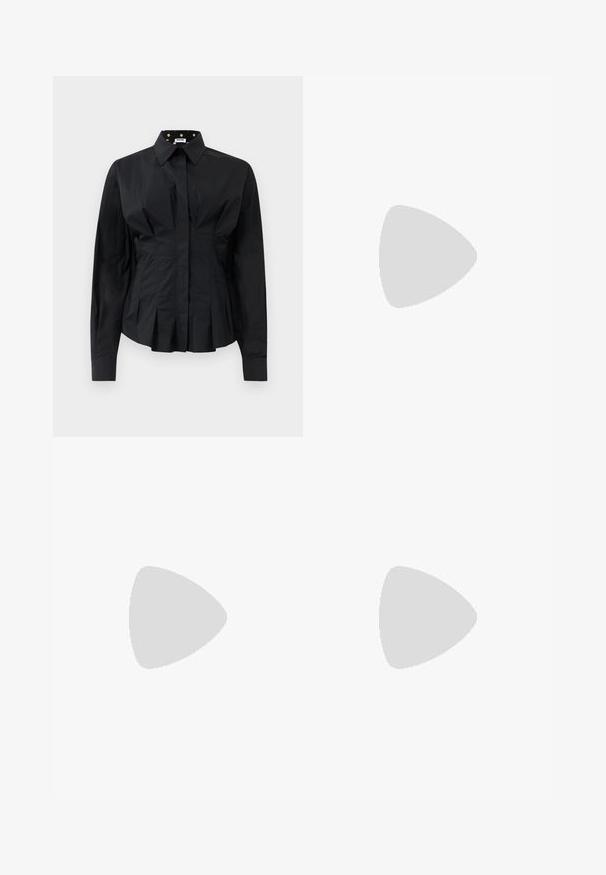Black long-sleeve fitted shirt with structured pleats below the waist and a collar lined with gold polka dots on black fabric.; Navy tailored trousers with a straight cut, featuring a smooth texture, two front pockets, and a clean waistband.; Black leather ballet flats with a pointed toe, featuring a strap with a circular metallic buckle and a flat sole.; Red patent leather crossbody bag with silver hardware, featuring a central emblem, circular rings, and an adjustable strap.