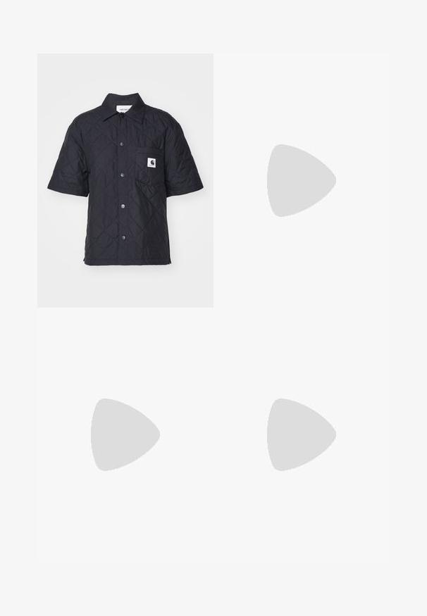 Carhartt WIP LAURENS SHIRT - Button-down blouse - black; Dark denim skirt with a high waist, straight cut, front pockets, and stitched seams. Features a zip and button closure at the waist.; Black leather lace-up boot with thick treaded sole and yellow stitching, suspended against a yellow circular background.; Black quilted tote bag with a large opening, curved shapes on the surface, and a label featuring yellow and white text on the front.; Silver hoop earrings with a polished finish, featuring a circular design and seamless hinges, displaying a smooth texture.