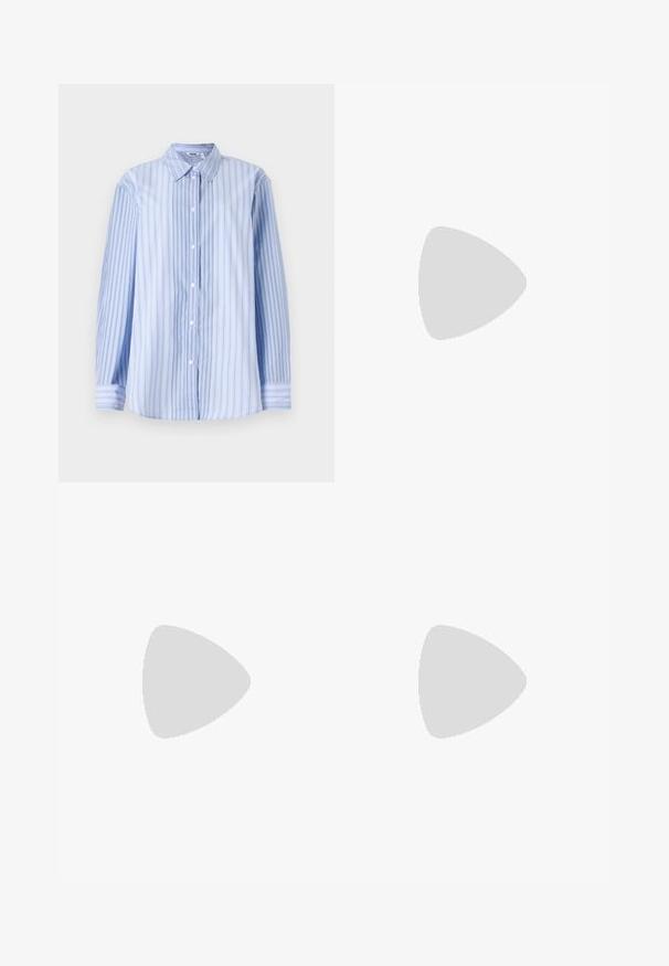 Sininen ja valkoinen raidallinen pitkähihainen paita, joka on valmistettu kevyestä kankaasta. Paidassa on klassinen kaulus ja napitus edessä.; Mustakasta satiinihame, jossa on sileä ja kiiltävä pinta. Hameessa on yksinkertainen, suora leikkaus ja joustava vyötärö, joka takaa tukevan istuvuuden.; Mustat flip-flopit, joissa on röpelöinen kumipohja, kaksi hoikkaa remmiä ja hillitty, kohokuvioitu logotyyli remmissä.; Kilpikonnakuosiset silmälasit, joissa on soikeat linssit ja tyylikäs, sileä pinta. Ominaisuudet: ohuet sivut, joissa on hienovarainen kaari temppeleissä. Kirkkaat linssit.