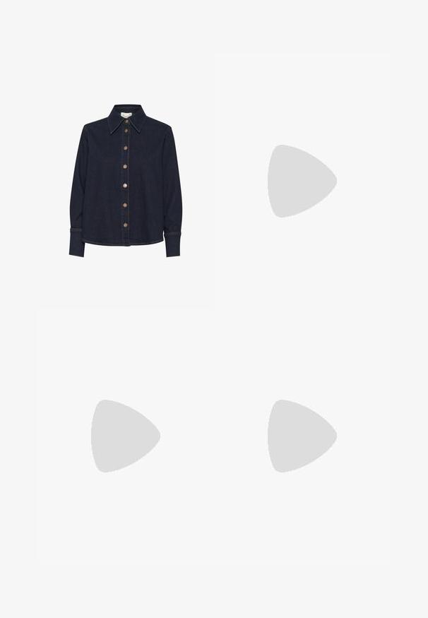 Dunkelblaues Denim-Hemd mit Knöpfen, das einen Kragen, kontrastierende Nähte und bronzefarbene Knöpfe an der Vorderseite aufweist, mit langen Ärmeln und einem lockeren Schnitt.; Helle blaue Denim-Jeans mit geradem Bein, fünf Taschen und dezenten, ausgeblichenen Stellen. Mit einem Frontknopf und einem Reißverschluss ausgestattet.; Sportschuhe mit einem Obermaterial aus weißem Leder, grauer Wildleder-Zehenkappe und drei schwarzen Streifen. Sie verfügen über ein blaues Logo auf der Zunge und eine strukturierte Gummisohle.; Goldenes rechteckiges Uhrenarmband mit einem weißen Ziffernblatt, minimalistischen Stundenmarkierungen und einem Metallmeshband. Verfügt über eine seitliche Krone zur Zeiteinstellung.