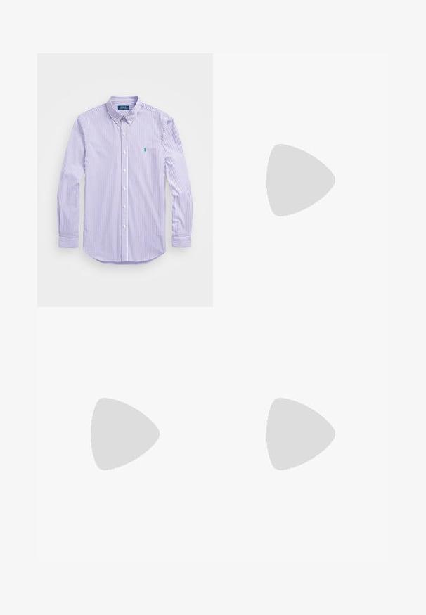 Polo Ralph Lauren SLIM FIT STRIPED STRETCH POPLIN SHIRT - Marškiniai - lavender/white; Balta ilgomis rankovėmis marškinėliai iš medvilnės. Gali būti apvalios formos kaklas, raukšlės ant rankovių, ir nedidelis tamsiai mėlynas polo logotipas kairėje krūtinės pusėje.; Juodos, laisvo kirpimo kelnės su elastingu juosmeniu, raiščiu ir priekinėmis kišenėmis. Pagamintos iš sklandžios, lengvos medžiagos.; Balti sportiniai bateliai su tinklinėmis ir odinėmis detalėmis. Yra auksinė "BOSS" logotipas, tekstūruoti šonai ir juodas kulno dangtelis. Guminis padas.