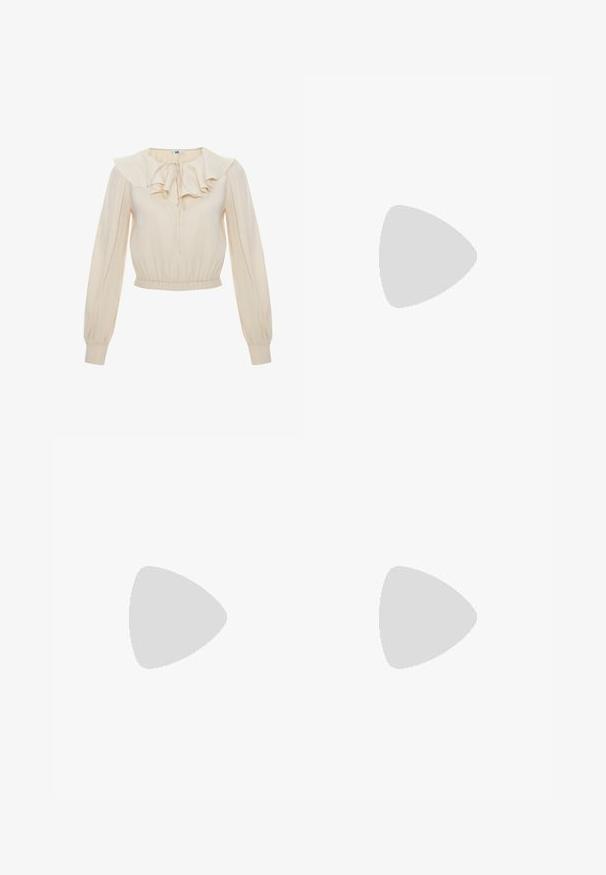 Cremefarvet bluse med en flæsekrave og frontknude. Har lange, gennemsigtige ærmer og en indsnævret talje for et tætsiddende look.; Blomsteret, gennemsigtig omslagskjole i rosa, orange og lavendel nuancer; lange puffede ærmer med en flæsekanter og et stofbånd i taljen.; Hvide slingback hæle med spids tå, glat overmateriale, lav blokhæl og sideudskæringsdesign med justerbar spænderem.; Runde solbriller med mørke linser og guldrammer. Modellen har en lyseblå, ribbet cardigan på med knapper og kontrasterende hvide ærmer.; Michael Kors håndleddstropp i beige belagt lær med et gentaget MK-logo mønster, guld hardware og en aftagelig kædestrop.