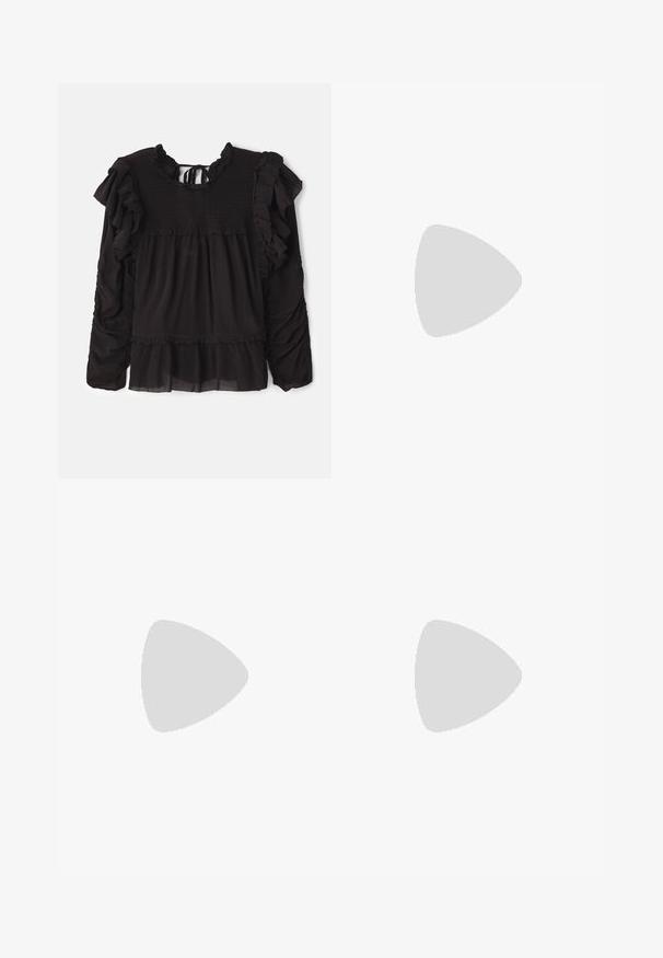 Black blouse featuring ruffled accents, smocked texture at the bodice, long sleeves, and a tiered hem with sheer fabric detail.; Black flared pants featuring a smooth texture, tailored waistband, and front pockets, designed with a sleek, modern silhouette.; Black heeled sandal with crossed straps and adjustable buckle. Features a smooth texture and tapered stiletto heel.; Black leather crossbody bag with two front pockets, gold buckles, zipper closure, and a slim strap. Textured surface and compact rectangular shape.