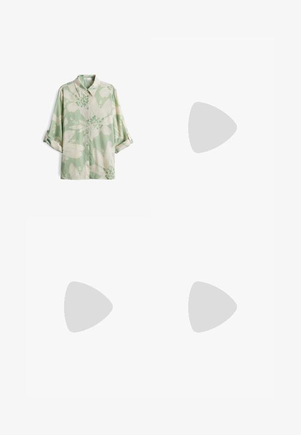 Camicetta con maniche corte, di colore verde chiaro, con stampa floreale che presenta fiori bianchi e verdi scuri, e un design con colletto classico.; Jeans a gamba larga blu chiaro realizzati in denim, con una vita elasticizzata per il comfort. Texture liscia con cuciture pulite e senza abbellimenti.; Sandalo in pelle marrone con due cinturini larghi, caratterizzato da cuciture decorative e un'accoppiatura con fibbia in tono oro. Design con suola piatta.; Borsa a mano in pelle marrone con forma conica, manici robusti e cuciture bianche a contrasto. Presenta una tracolla removibile per una maggiore versatilità.