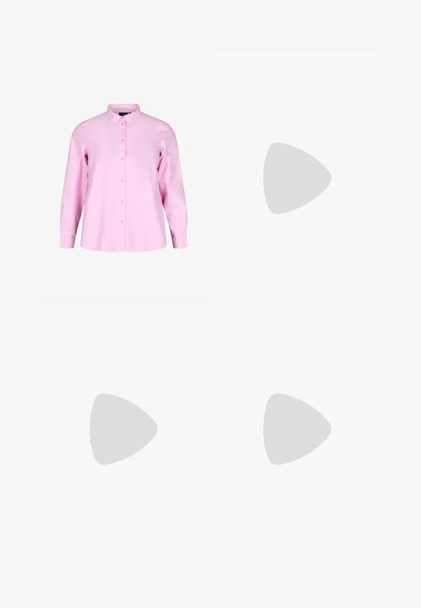 Ilgi piedurkņu, gaiši rozā krekls, izgatavots no kokvilnas, ar pogājamām frontēm, apkakli un brīvu piegriezumu. Tekstūrēta, gluda auduma.; Melnas bezpiedurkņu kleitas ar kvadrātveida dekoltē, pieguļošu augšdaļu un sakrautām, izplestām svārkiem, kas beidzas ar noapaļotu apakšmalu. Gluda auduma.; Melnas sandales ar divām platām siksnām, kuras rotā dekoratīvas kniedes un izstrādātas ar detaļu sprādzēm, novietotas uz izturīgas teksturētas gumijas zoles.; Rite saulesbrilles ar metāla zelta rāmjiem un tumši zaļiem objektīviem. Roku daļas ir ar bruņurupuča rakstu, kas piešķir papildu detaļas.; Melnā mākslīgā ādas rokassoma ar kvadrātveida tekstūru, izliekta forma, sudraba ķēdes siksna un neliela logotipa akcentācija priekšā.