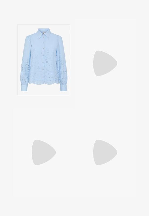 Light blue blouse with a button-up front, pointed collar, long puffed sleeves, and embroidered eyelet design. Scalloped hemline detail.; Denim shorts in light blue, featuring five pockets, a zip fly, and a button closure. The hem is frayed with a relaxed fit design.; Black patent heeled sandals with a square toe, ankle straps, and silver buckles. Features a chunky block heel for stability.; Black leather tote bag with smooth texture, rectangular shape, and two long handles. No visible hardware or embellishments.