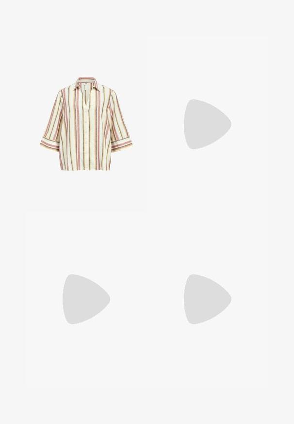 Gestreepte korte mouwen overhemd met kraag, met afwisselend beige, roze, blauw en gele kleuren, gemaakt van een lichte stof.; Witte wijde denim jeans. Voorzien van een knoopsluiting, voor- en achterzakken, en gestikte naden. Soepele textuur met minimale details.; Sportschoenen met een witte leren bovenkant, grijze suède neus en drie zwarte strepen. Bevat een blauw logo op de tong en een gestructureerde rubberen zool.; Roze leren handtas met een gestructureerde vorm, voorzien van een glanzende sluiting en een enkele verstelbare schouderband. Getextureerde afwerking met gouden hardware.