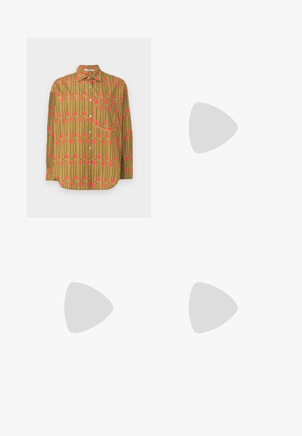 Hemd zum Knöpfen aus braunem Stoff mit wiederholtem Muster aus pinkfarbenen Tulpenformen und Linien; versehen mit einer Brusttasche und geknöpften Ärmeln.; Braune weite Hose mit dünnen weißen Streifen, hoher Taillenschnitt, vorderer Knopfverschluss und Überwurfpanel im Wickelstil.; Braune Lederloafer mit einem dicken schwarzen Absatz, die über ein gestepptes Design und einen Riemen über dem Fußrücken für zusätzlichen Detailreichtum verfügen.; Goldfarbene Fossil-Uhr mit einem strukturierten, cremefarbenen Zifferblatt, schmalen Stundenmarkierungen und einer Krone. Sie verfügt über ein rundes Gehäuse mit einer gerippten Lünette.