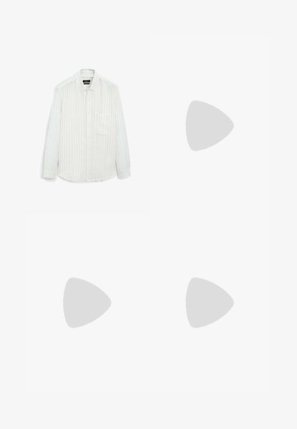 Camicia bianca a maniche lunghe con sottili righe verticali. Design con bottoni, taschino sul petto e un tessuto morbido e testurizzato con una vestibilità comoda.; Pantaloni grigi con una texture liscia, caratterizzati da chiusura con bottone, vita elastica e due tasche laterali. Design sartoriale con pince.; Scarpe slip-on in suede beige con punta tondeggiante, dettagli cuciti e suola in gomma bianca. Design semplice con una texture liscia.; Occhiali da sole rettangolari neri con lenti scure, montatura in plastica lucida e piccoli dettagli firmati sulle tempie. Profilo piatto e angoli netti.