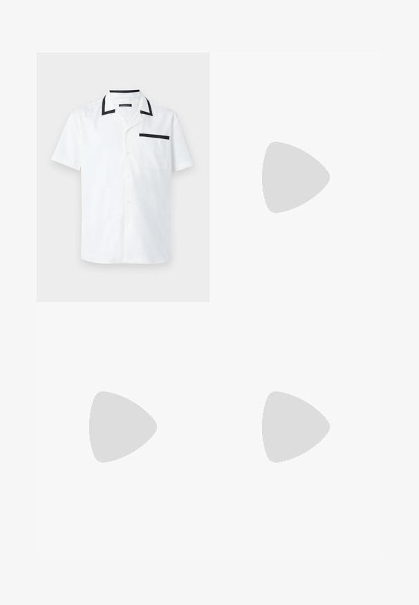 Short-sleeve white shirt made of fabric, featuring black collar and pocket trim, with front button closure and a clean, minimal design.; Black tailored trousers with a straight fit, made from smooth fabric. Features belt loops and crease detail along the front.; White leather sneakers with a smooth finish, rounded toe, flat laces, and a textured sole. Grey suede accent at the heel.; Clear plastic sunglasses with rectangular brown lenses, featuring thin, transparent arms and metal accents on the temples.