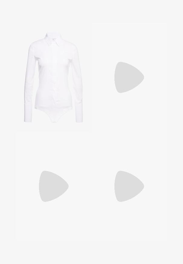Bodysuit blanc à manches longues avec un col pointu, fermeture à boutons sur le devant et un tissu lisse et extensible. Silhouette ajustée, design minimaliste.; Jupe noire à plusieurs niveaux comprenant trois couches de volants avec un motif floral texturé. Taille élastique pour le confort et l'ajustement.; Chaussure à talons hauts blanche avec un design à bout pointu, en cuir, avec une sangle ajustable à la cheville ornée de strass et un talon stiletto fin.; Lunettes de soleil en œil de chat avec une monture en plastique noir mat, des verres foncés et un accent en or avec le logo sur la branche. Design angulaire et texture lisse.; Porte-monnaie Michael Kors en toile enduite beige avec un motif répété de logo MK, des accessoires en or et une bandoulière en chaîne amovible.