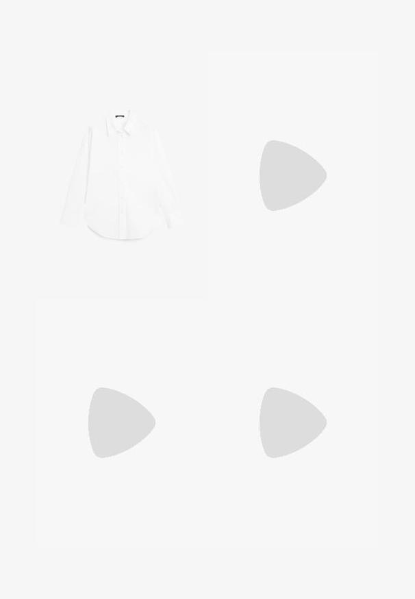 Massimo Dutti LONG BUTTONED - Košilová halenka  - white; Kalhoty s širokými nohavicemi v světle krémové barvě. Vyrobené z hladké tkaniny s záhyby vpředu a bočními kapsami.; Sandy poprsko s úzkým podpatkem v hladkém, lesklém odstínu tan. Obsahuje zakřivený design s výřezem a štíhlý jehlový podpatek. Detail se stříbrnou sponou.; Even&Odd Kabelka - brown