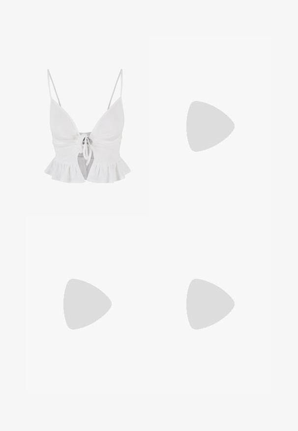 White ribbed crop top with adjustable spaghetti straps, front tie closure, and a ruffled hem detail. Soft texture and fitted design.; Cream wide-leg trousers with a tailored design, featuring two front pockets and a single front button closure, made from smooth fabric.; White high-heeled sandal with a chunky heel, featuring a strappy design and ankle tie. Smooth texture with a platform front for added height.; White synthetic handbag with a triangular shape, flat front flap and bow detail, adjustable strap, smooth texture, and minimalistic design.