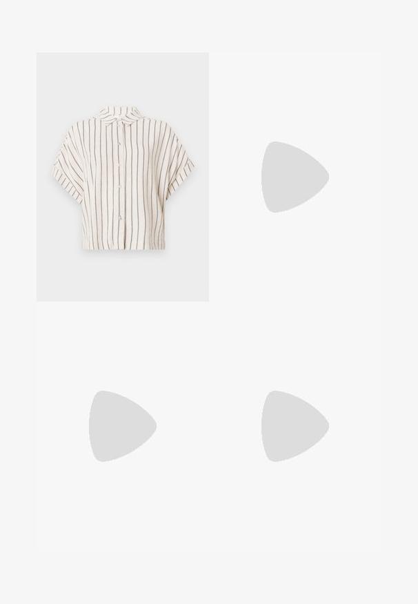 Short-sleeve, collared shirt in cream fabric with vertical navy stripes. Button-down front, cropped design, and relaxed fit.; Light blue flared jeans made of denim, featuring a high waist, five pockets, and a single button closure. Soft texture with faded finish.; Brown patent leather slingback shoe with a pointed toe and a moderate heel. Features a buckle strap for secure fit. Smooth texture.; Brown leather tote bag with a smooth texture, open top design, and two shoulder straps. Features minimal stitching and no visible hardware.