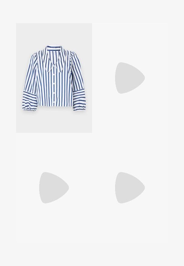 Sininen ja valkoinen raidallinen paita, joka on valmistettu kevyestä kankaasta, ja jossa on suuri kaulus, nappisuljenta sekä puffatut hihat kerättyine hihansuineen.; Hihaton mekko mustavalkoisesta tweedistä, jossa on tiukka vartalo-osa, levenevä hame ja kaksi etutaskua, joita koristavat pyöreät koristeet.; Mustat korkokengät sandaalit, joissa on ohuet hihnat solmittuna, sileä neliön muotoinen varvasosa ja tyylikäs stiletto-korko.; Vaalea harmaa metallinen käsilaukku, jossa on ketjusanka. Laukku on koristeltu pienillä pyöreillä metallikoruilla ja kolmion muotoisella brändilogolla.; Hopehopeet hopehopeet hopehopeet hopehopeet, jolla on sileä, kiiltävä pinta. Pyöreä muoto, kevyt rakenne, jossa on neulakiinnitys.
