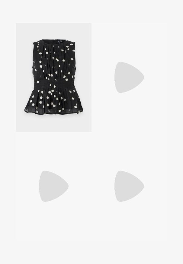 Svart ermeløs topp med hvite prikker, med plisserte detaljer og peplum-søm. Tøyet ser lett og strukturert ut. Bakre glidelås-lukking.; Sort, knelangs skjørt laget av lett stoff med en flytende design. Har en jevn tekstur og subtile folder for ekstra detalj.; Svart lær flat sko med spiss tå, sidestrap med sølvfarget spenne, og lav hæl. Jevn tekstur og minimalistisk design.; Svart faux lærveske med quiltet tekstur, buet form, sølvkjede stropp og en liten logoaksent foran.; Gullfarget rektangulær klokke med hvit urskive, sølvfargede timeindikatorer og et slitesterkt metallarmbånd. Vanntett funksjon inkludert.