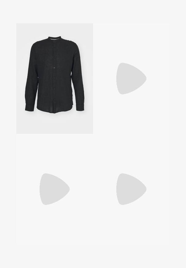 Only & Sons ONSCAIDEN MAO - Shirt - schwarz; Black shorts with a textured pattern, featuring pleats, a button closure, and a mid-length cut. Made from lightweight fabric.; Black leather shoes with a rounded toe, lace-up design, and thick, textured sole. Worn with tailored black trousers and a ribbed sweater.; Black rectangular sunglasses with dark lenses. Glossy frame, straight arms with a slight curve. Minimalistic design, no embellishments.