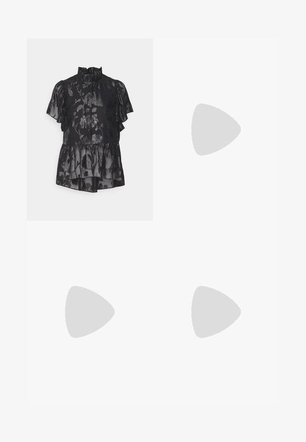 Black blouse with ruffled sleeves, high neck, and floral pattern in shiny fabric. Layered peplum design with sheer texture. Button closure.; Black wide-leg trousers made of a smooth fabric with a high waistband, featuring two front pleats and a tailored design.; Black leather sandal with a square toe, thin straps, adjustable ankle strap, and a low heel. Features a small gold accent on the strap.; Black crocodile-embossed leather handbag with a structured design, top handle, adjustable strap, and a prominent front logo detail.; Gold hoop earring with a small decorative gem accent. Worn on a model with straight hair, paired with a collared white shirt.