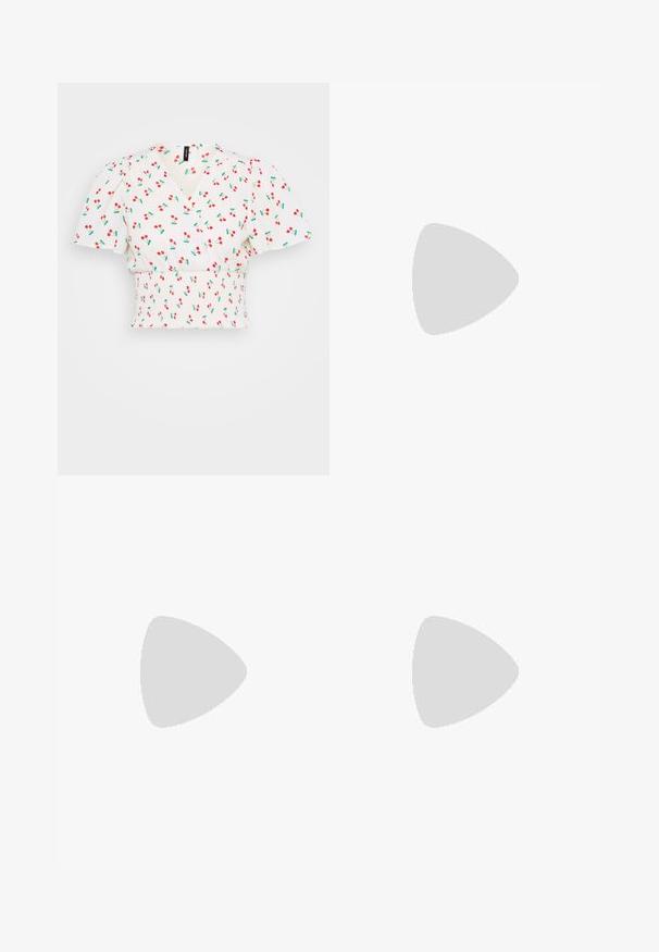 Valge lühike tops, millel on mähise disain, puhvärviga varrukad, smockitud talje ning punaste kirsside nadriga, millel on rohelised lehed. Sile kangast tekstuur.; ONLY Petite ONLMADISON BLUSH WIDE - Wide leg - dark blue denim; Mustmust seelik kõrgema ees- ja madalama taga servaga, kombineeritud läikivate punaste sussidega, millel on rihma kujundus. Kangas on sileda tekstuuriga.; Kilpkonna kestaga prillid, millel on ristkülikukujulised pruuni värvi objektiivid, paks raam ja peened käed, millel on erinevate pruunide toonide muster.; Hõbedased rõngas kõrvarõngad, millel on lipsu kujundus, sile viimistlus ja läikiv tekstuur. Kompaktne, minimalistlik stiil, sobib erinevateks juhtudeks.