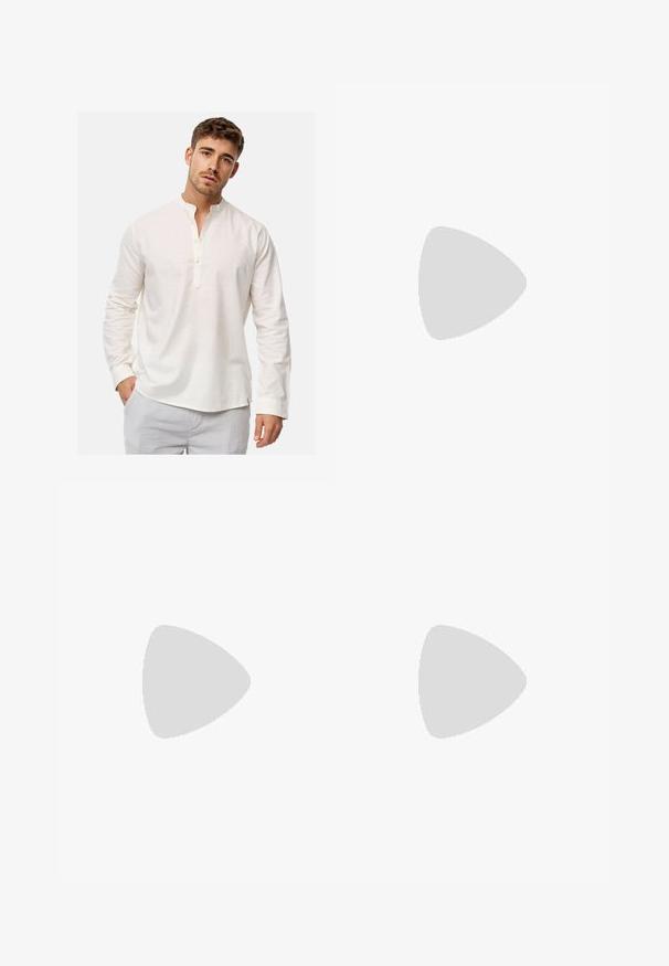 Long-sleeve, white linen shirt with a band collar and button placket. Soft texture with a relaxed fit and rounded hem detailing.; SIKSILK DISTRESSED - Slim fit jeans - grey; White leather sneakers with perforations, round toe, flat sole, and thick laces, featuring a visible swoosh logo and "AIR" on the heel.; Silver stainless steel wristwatch with a navy blue dial, metallic hour markers, and a date window at 3 o'clock. Water-resistant to 50 meters.