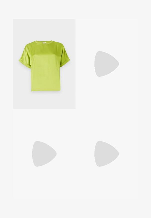 Bright green short-sleeve top with a round neckline. Smooth, shiny fabric with a relaxed fit. Rolled cuffs and a straight hem.; Black skirt with a ribbed texture, featuring a sheer bottom with horizontal stripes. The design is fitted, extending to mid-calf length.; Black leather loafers with a tied bow, featuring gold eyelet accents along the sides and a flat rubber sole. Smooth texture, classic design.; Black leather shoulder bag with a smooth texture, featuring a silver buckle accent and a zipper closure. Adjustable strap for versatility.