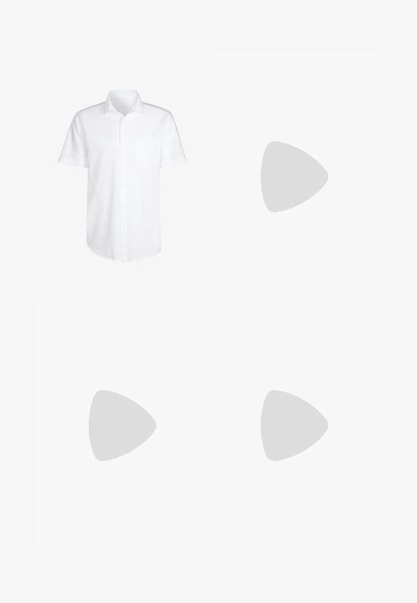 Trumpas rankovėmis baltas marškinėlių švarkas, pagamintas iš medvilnės, su krūtinės kišene ir išlenktu apvadu, skirtas kasdienei aprangai.; Juodos pritaikytos kelnės su lygia priekine dalimi, standartinio kirpimo, pagamintos iš lygios medžiagos, su prispaustomis raukinėmis ir šoninėmis kišenėmis.; Pilkos zomšinės loafer tipo bateliai su apvaliu pirštu, siuvinėjimo detalėmis ir plokščiu guminio pado. Avalynė turi lygią tekstūrą ir priekinį užsegimą akcentą.; Juodas odinis dirželis laikrodžiui su sidabro nerūdijančio plieno korpusu. Juodas ciferblatas turi baltus valandų žymeklius, sidabrinius rodykles ir tris subciferblatus.