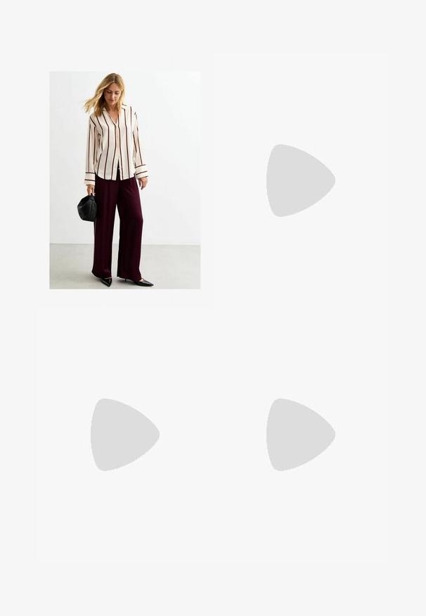 White long-sleeve shirt with burgundy vertical stripes, paired with loose burgundy pants. Model holds a black rounded handbag.; White ribbed tank top with a round neckline and sleeveless design, featuring a straight hem and a smooth, stretchy texture.; Gray denim jeans with a straight-leg cut, distressed detailing, five pockets, and copper rivets.  Waistband features a logo tag.; Sport shoes with a white leather upper, gray suede toe, and three black stripes. Features a blue logo on the tongue and a textured rubber sole.