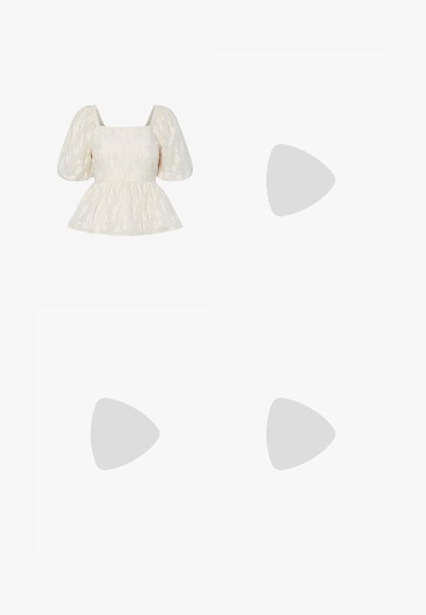 White puff-sleeve top with a square neckline, featuring a textured floral pattern and a gathered peplum hem.; Red and white checked shorts with an elastic waistband and drawstring, featuring a lightweight fabric and relaxed fit.; Beige ballet flats with a pointed toe, a mesh design overlay, and a side buckle strap. Flat sole with a smooth texture.; Pearl necklace with alternating white oval pearls and small gold beads, featuring a gold clasp for fastening. Smooth texture overall.