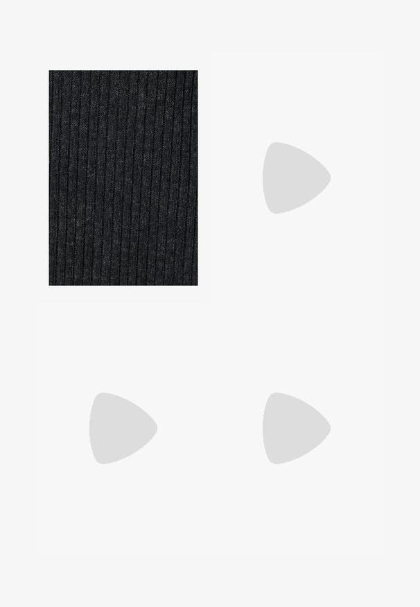 Koton LONG SLEEVE - Bluse - anthracite; Schwarze weite Hosen aus leichtem Stoff, mit einem Knopfverschluss vorne und flachem Bund, mit sorgfältig genähten Säumen.; Weiße High-Heel-Sandale mit einem klobigen Absatz, die über ein Riemchendesign und ein Knöchelband verfügt. Glatte Textur mit einer Plattform vorne für zusätzliche Höhe.; Schwarze Leder-Hobo-Tasche mit einer glatten Textur, geschwungener Form und einem einzelnen verstellbaren Tragegurt; verfügt über eine weite Öffnung am oberen Ende.