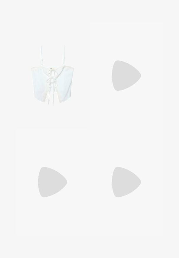 Stradivarius WITH TIES - Top - white; Vestito floreale bianco con fiori blu e verdi, caratterizzato da un colletto, apertura frontale con bottoni, maniche lunghe con polsini elastici e una cintura in vita.; Tacchi slingback in pelle lucida beige con punta affusolata e tacco di 5 cm, caratterizzati da lati traforati e una sottile fascia alla caviglia.; Occhiali da sole tartarugati con lenti ovali allungate, tonalità marrone, accenti dorati con logo sulle tempie e aste nere eleganti.; Borsa a tracolla beige con un motivo stampato, forma curvata, dettagli in pelle e un logo dorato sul davanti. Presenta una maniglia corta per un facile trasporto.; Collana di perle e cristalli con un design rotondo a perline in tonalità tenui, caratterizzata da perle alternate e accenti scintillanti, indossata attorno al collo.