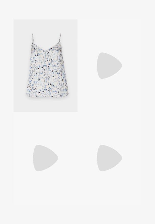 White sleeveless top featuring a floral pattern in blue and black. V-neck design with thin straps and a relaxed fit. Smooth fabric texture.; Black faux leather pants with a wide-leg cut, featuring white stitching, front pockets, and a gold button at the waistband.; Black leather ballet flat with a rounded toe, smooth texture, minimal stitching detail, and a flexible sole design.; Brown leather handbag with a flap closure, gold-tone hardware, a shoulder strap, and a smooth texture. Compact rectangular shape.