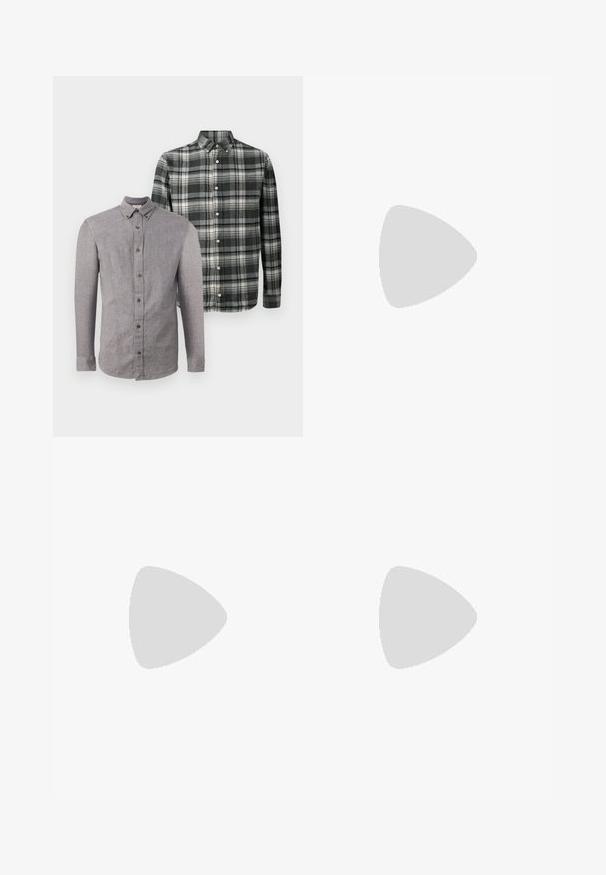 Zwei langärmelige Hemden mit Knöpfen, eines in einfarbig Grau und das andere im schwarz-weißen Karo, vor einem schlichten weißen Hintergrund präsentiert.; Schlanke Jeans aus ausgebleichtem grauem Denim, mit abgenutzten Details an den Knien, kombiniert mit weißen Sneakers. Glatte Textur, schlanker Schnitt.; Weiße Leder-Sneaker mit Perforationen, runder Zehenpartie, flacher Sohle und dicken Schnürsenkeln, mit sichtbar eingesticktem Swoosh-Logo und "AIR" an der Ferse.; Silberner Armbanduhr aus Edelstahl mit einem dunkelblauen Zifferblatt, metallischen Stundenmarkierungen und einem Datumsfenster bei 3 Uhr. Wasserdicht bis 50 Meter.