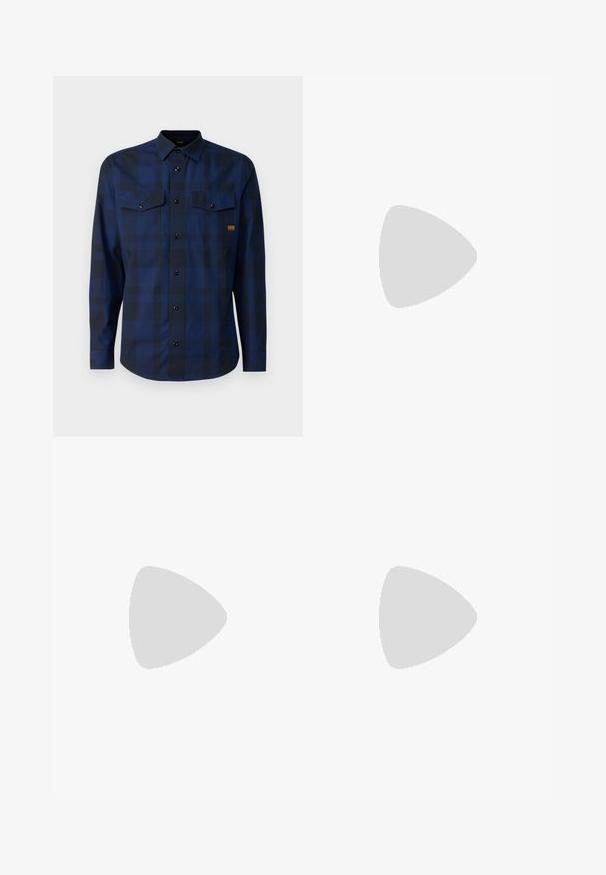 G-STAR MARINE SLIM - Marškiniai - imperial blue bold check; Juodos pritaikytos kelnės su tiesiu siluetu, pagamintos iš sklandžios medžiagos. Turi diržo kilpas ir raukšlių detalę priekyje.; Balti odiniai sportbačiai su lygiu paviršiumi, apvaliu pirštu, plokščiomis raištelėmis ir struktūrizuota padu. Pilko zimšo akcentas ant kulno.; Skaidrūs plastikiniai saulės akiniai su stačiakampiais rudos spalvos lęšiais, pasižymintys plonais, skaidriais šonais ir metaliniais akcentais ant rėmo.