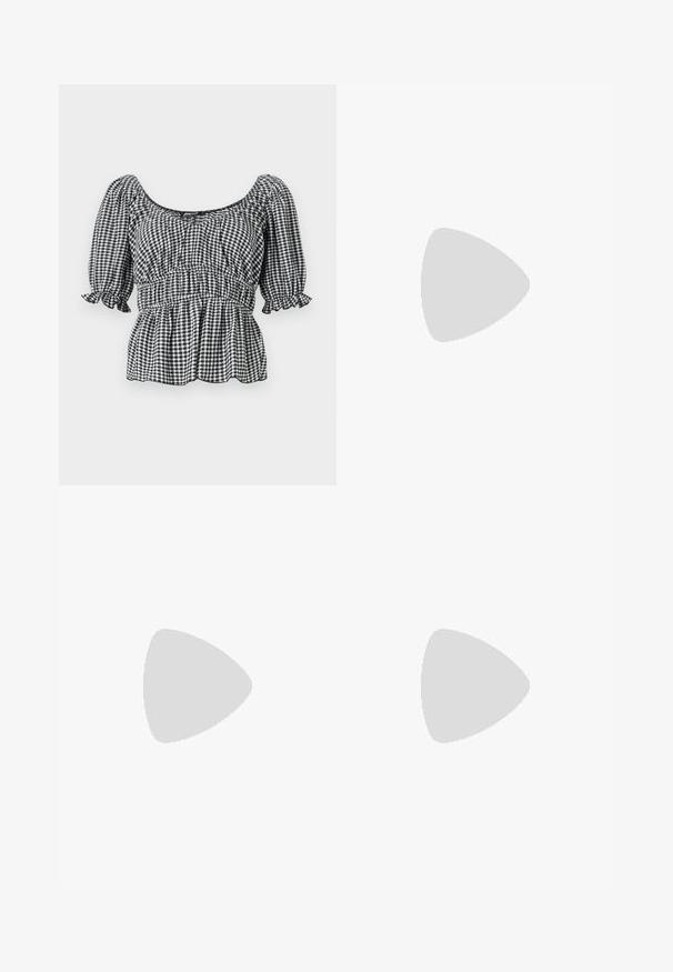 Svartvit rutig blus med korta puffärmar, fyrkantig halsringning och draperad midja, med en peplumdesign och volangdetaljer.; Höga, djup röda leggings med en åtsittande lårdesign och utvidgad vad på en neutral bakgrund.; Svarta lackläder slingback klackar med spetsig tå och geometrisk klack. Har en elegant, minimalistisk design och slät yta.; Svart läderhandväska med en böjd form, avtagbar rem och guldiga detaljer. Väskan har ett lock med en spänndetalj.