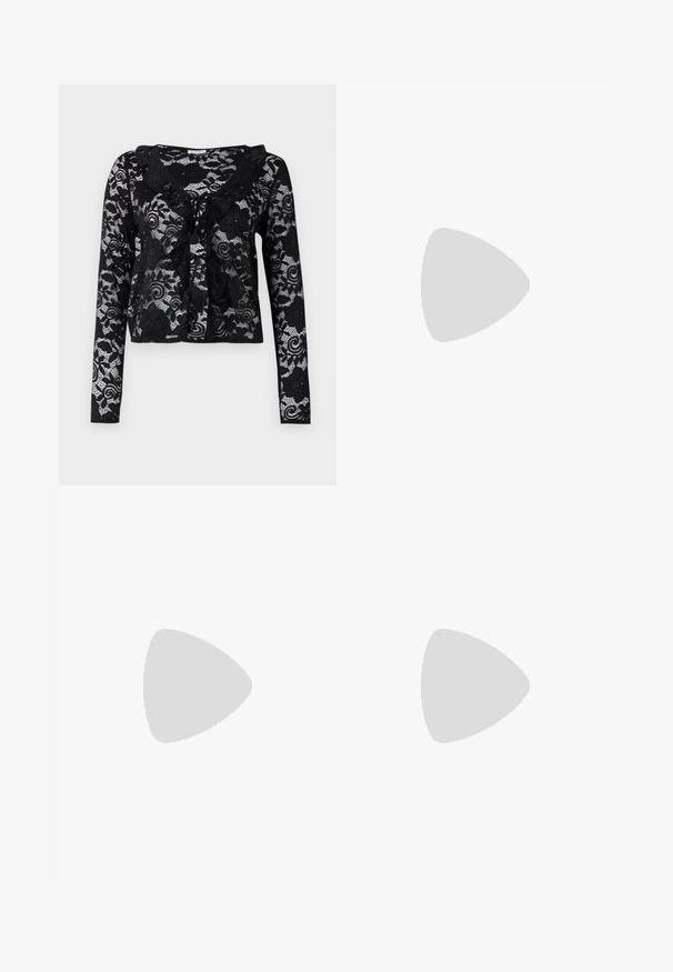 Must mustriba mustri viigike ja pikad varrukad, lillemustrid, volangkaelus, avatud eesmine disain ja lipsutäpsus kaelaosa juures.; Mustast puuvillane T-särk, millel on suur hall täht graafika, millel on pritsmest saadud efekt. Ülal on tekst "Unista Suurelt, Sära Erealt" ja all "Kosmiline Mood".; Mustad mustad pehmest kangast lühikesed püksid, millel on kummipaelaga vöökoht, külgedel lõhud ja ees väike brodeeritud logo.; Musta sussumood, mis on valmistatud siledast nahast. Sellel on õhuke rihma disain ja lame tald minimaalsete joontega. Mingeid silmatorkavaid mustreid või aktsente ei ole.