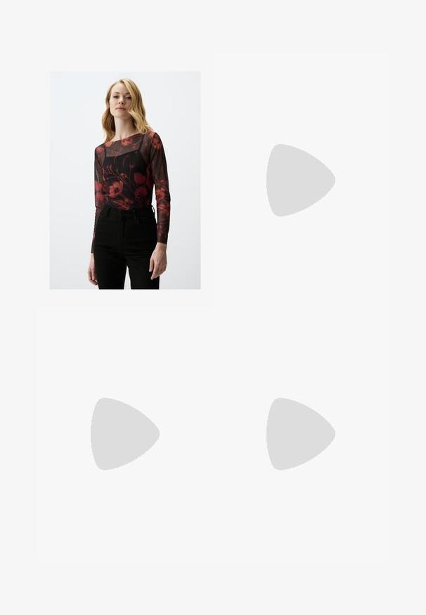 Haut en mesh noir à manches longues avec un motif floral rouge, présentant un col rond. Assorti à un jean noir taille haute.; Pantalons taille haute marron avec des plis, fabriqués en tissu lisse. Coupe ample, design droit, avec passants de ceinture et fermeture éclair.; Escarpins en cuir verni noir avec bout pointu et talon bloc géométrique. Présente un design élégant et minimaliste ainsi qu'une texture lisse.; Sac hobo en cuir noir avec une texture lisse, une forme incurvée et une seule sangle réglable ; dispose d'une large ouverture en haut.