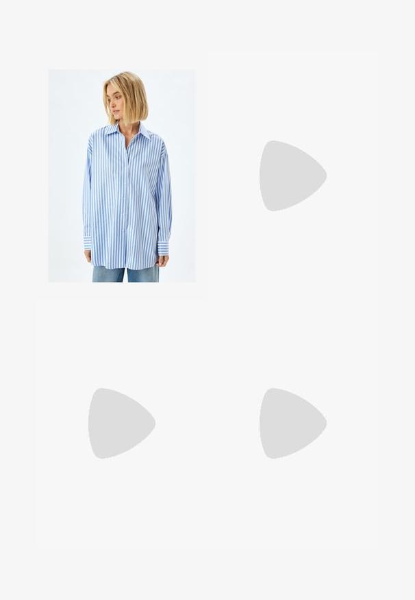 Blau-weißt gestreifte, übergroße Hemdbluse aus leichtem Stoff, mit durchgehender Knopfleiste und breiten Manschetten.; Bershka WIDE-LEG - Wide Leg - light-blue denim; Weiße Leder-Sneaker mit glatter Textur, gepolstertem Knöchel und durchlöchertem Zehenbereich. Verfügt über eine leicht erhobene Gummisohle und Schnürdesign.; Weiße Wollschal mit Fransen am unteren Ende, mit einem runden Knopf auf einer Seite. Weiche Textur, rechteckige Form.
