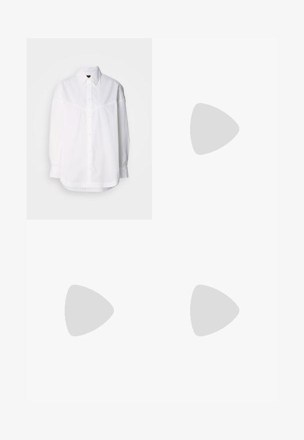 Camicia bianca a maniche lunghe realizzata in cotone, con colletto button-down, bottoni frontali e una vestibilità morbida con sottili dettagli di cucitura.; Pantaloni neri a taglio dritto, con doppie pieghe, una texture liscia e un design classico in vita. Nessun hardware o dettaglio visibile.; Tacchi slingback in pelle nera con punta affusolata, caratterizzati da un tacco alto e un accento dorato sulla cinghia regolabile. Texture liscia.; Borsa a mano in pelle nera con un design strutturato, caratterizzata da una forma corta, manico superiore e accessori in metallo dorato. Inclusa tracolla regolabile.