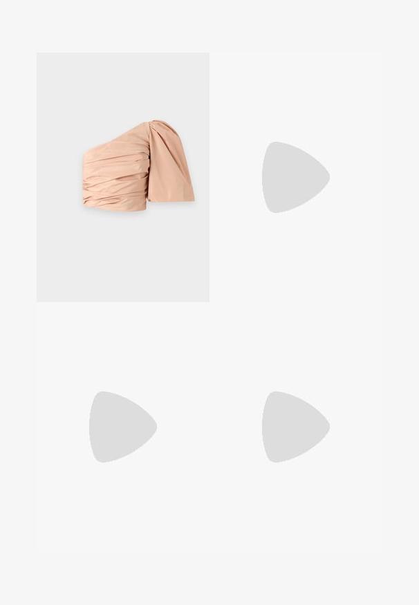Peach-colored one-shoulder top with ruched detailing. Soft, smooth fabric with a structured puff sleeve. Minimalistic design, no patterns.; Black tailored trousers with a straight-leg design, featuring a smooth texture and crisp creases along the front. No visible hardware.; Beige block-heeled sandals with thin straps and a square toe. Smooth material with minimal detailing, designed for easy wear.; Black leather handbag with a structured design, featuring a cropped shape, top handle, and gold hardware accent. Adjustable shoulder strap included.