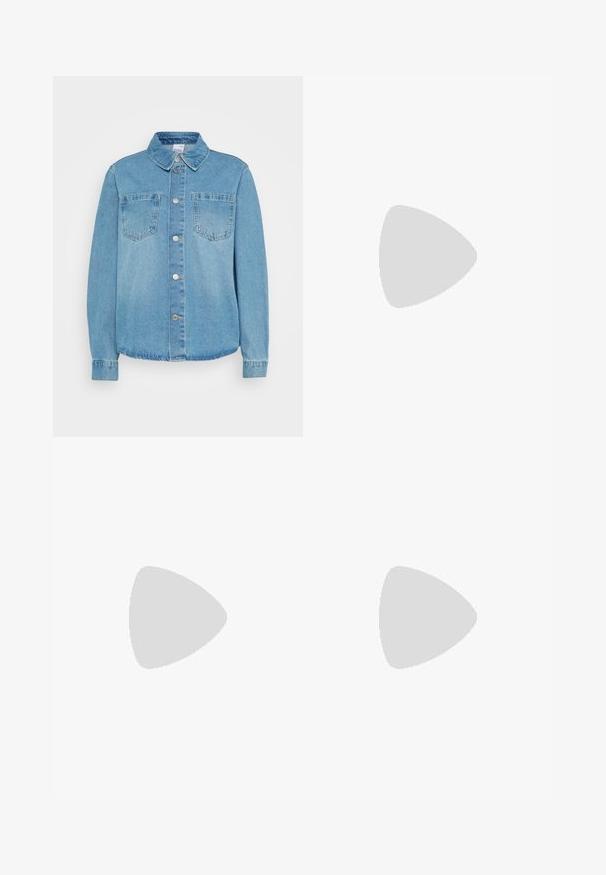 Light blue denim jacket with a button-up front, two chest pockets, collared neckline, and long sleeves with buttoned cuffs.; Black ribbed short-sleeve t-shirt with a round neckline. Soft texture and fitted design, featuring a straight hem and minimal detailing.; Wide-leg blue denim jeans with a high waist, front button and zipper closure, and front and back pockets against a plain background.; Leopard print slingback pump with a pointed toe and transparent block heel. Made of glossy material with a smooth texture.; Silver hoop earring with a polished finish, featuring small gold accent details and a round shape, worn on the lobe.