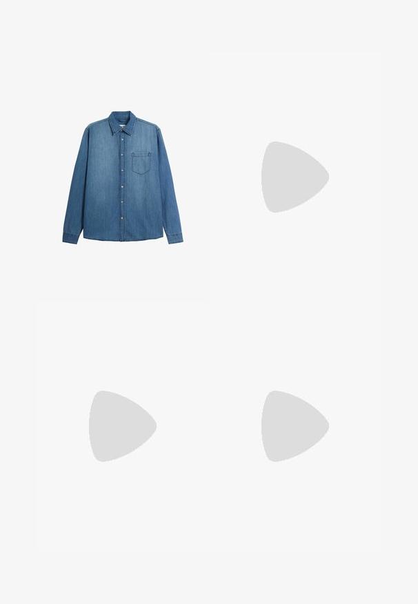 Denim skjorte med lange ærmer i lyseblå med knaplukning, krave og en enkelt brystlomme. Har en glat tekstur og lige snit.; Beige bukser med lige snit, der har en enkelt sort knap, bæltestropper og sidelommer. Glat stoftekstur og minimalistisk design.; Hvid sportssko med en mesh-overdel, sorte accenter og sølvdetaljer. Har en polstret sål og snørebåndsdesign for støtte.; Sorte rektangulære solbriller med grønne linser, der har en mat overflade, lige stænger og Ray-Ban-logoet på siden.