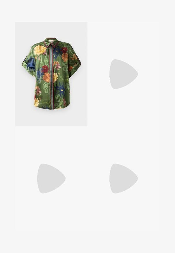 Green floral shirt made of satin with multicolored floral patterns, pointed collar, and striped accents along the button placket and sleeves.; Dark brown wide-leg trousers with a high waist, featuring neatly pressed creases, smooth texture, and a tailored fit.; Slingback heels with a pointed toe, brown patterned fabric, gold buckle detail, black leather strap, and a short block heel.; Beige textured handbag with adjustable strap, two front pockets secured by buckles, and gold hardware accents. Zipper closure at the top.