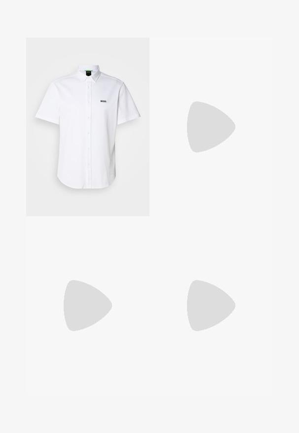 Camicia corta bianca a maniche corte in cotone, con colletto a punta e logo "BOSS" nero sulla parte sinistra del petto. Tessuto liscio.; T-shirt bianco in cotone con maniche corte, caratterizzato da un logo nero "BOSS" centrato sul petto e un design con scollo rotondo.; Pantaloni della tuta neri realizzati in materiale morbido, con vita elastica, coulisse e gambe affusolate. Presenta un piccolo logo sul lato.; Sneaker grigio in suede con accenti neri, caratterizzato da una superficie texture, allacciatura frontale e un dettaglio logo dorato sul lato.