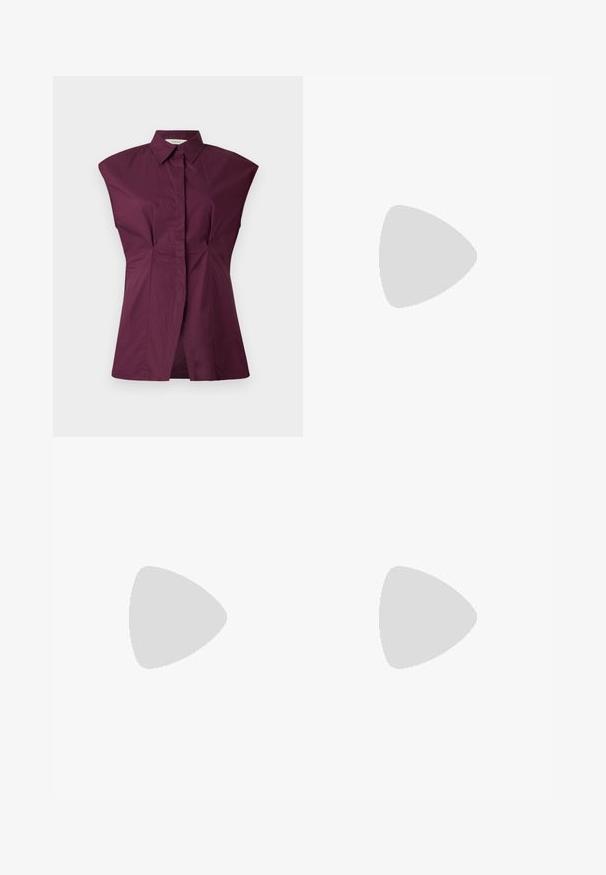 Burgundi värvi Kraedega särk, millel on ainulaadne lai õlavarre disain, esiplekid ja sujuv viimistlus, valmistatud siledast puuvilla segust kangast.; Polo Ralph Lauren HEMP WIDE LEG PANT - Püksid - nevis; Mustmust paelad, millel on terav varvas, tekstuuriga maduprindiga, reguleeritav rihm ja lühike tekstuuriga plokknina.; Must teras mustast nahast käekott, millel on struktureeritud kuju, lühikesed topeltkäepidemed, kuldse tooni riistvara ja külge riputatav silt. Sujuv, tekstureeritud viimistlus.