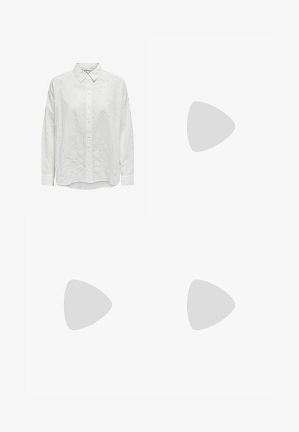 Chemise blanche à boutons, avec une coupe décontractée, des manches longues et des accentuations de motifs en sequins verticaux sur l'ensemble du tissu.; Robe sans bretelles en crème avec des motifs floraux en relief beige clair. Design ajusté, texture lisse, coupe midi, et sans fermetures visibles.; Ballerines tissées en or avec un nez pointu, une semelle plate et une sangle sur le coup de pied. Présente des motifs texturés sur le matériau supérieur.; Lunettes de soleil en forme d'œil de chat en écaille de tortue avec des verres marron, dotées de montures en plastique lisses et brillantes et d'un design élégant. Pas de logos ou d'accent visible.; Sac à main blanc avec des embellissements texturés en forme de coquillage à bords festonnés. Doté d'une anse tissée et d'une bandoulière en chaîne argentée pour plus de polyvalence.