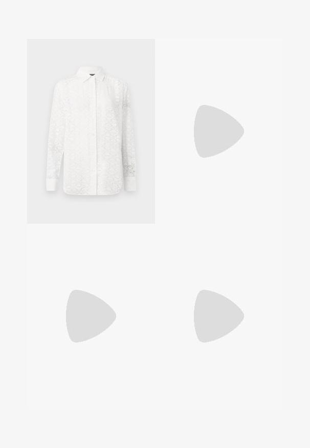 White long-sleeve shirt with a subtle geometric pattern, featuring a button-down front, collar, and cuffs; made from lightweight fabric.; Black tailored trousers with a straight-leg design, featuring a smooth texture and crisp creases along the front. No visible hardware.; Black leather heeled sandal with adjustable ankle strap, open toe design, and a square block heel. Smooth texture, minimalistic style.; Black leather handbag with a structured design, featuring a cropped shape, top handle, and gold hardware accent. Adjustable shoulder strap included.