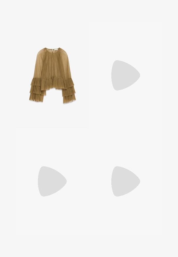 Brown sheer pleated blouse with round neckline and tiered ruffle bell sleeves, back button closure.; Green sports shorts with white vertical stripes, elastic waistband, and yellow side accents. Features a small gold logo on the lower left.; Black heeled sandals featuring a sleek design, thin straps, and a unique triangular heel. Smooth texture with a minimalistic look.; Black patent leather handbag with a curved shape, a single handle, and a rounded bottom. Features a subtle logo detail on the front.