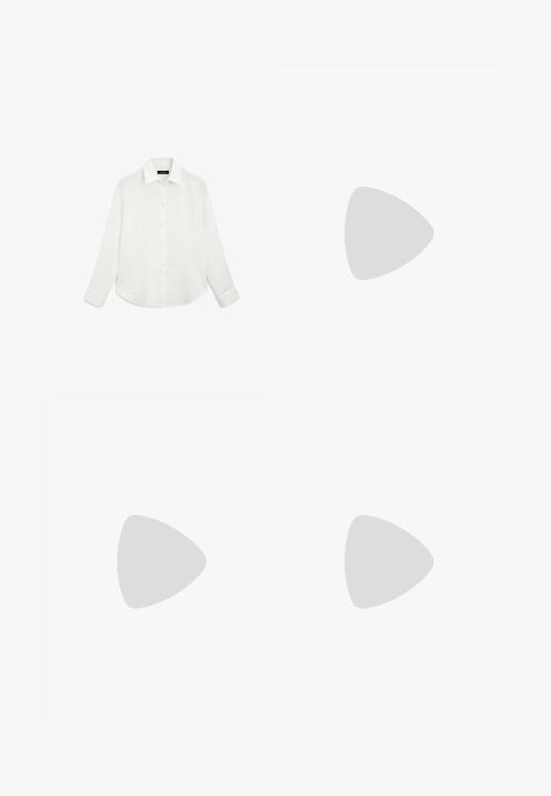 Camicia bianca a maniche lunghe con collo, chiusura frontale con bottoni e orlo arrotondato. Realizzata in tessuto leggero con una texture liscia.; Pantaloni a gamba larga in tessuto crema con una texture liscia, caratterizzati da un singolo bottone frontale, pieghe sottili e un design a vita alta.; Sandal in pelle verniciata nuda con tacco alto, cinturino sottile alla caviglia e fibbia circolare, design con punta aperta e tacco a stiletto slanciato.; Borsa a tracolla in pelle nera con design strutturato, manico superiore e dettaglio in metallo dorato sulla parte frontale. Texture liscia, cuciture minime.